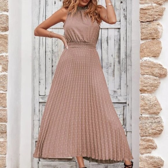 Shirred Waist Pleated Hem Swiss Dot Dress BROWN - Picture 6 of 8